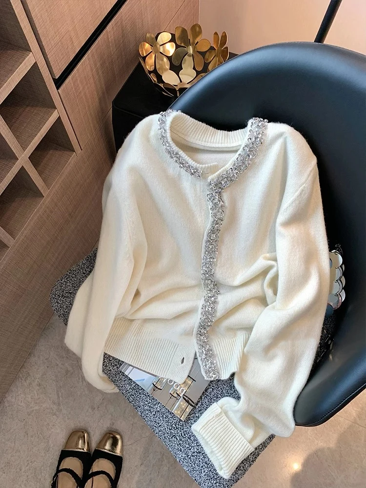 

ort Knitted Diamond Embedded round Ne Open Cardigan for Women Faionable Spring Autumn Korean Sle Straight Cut