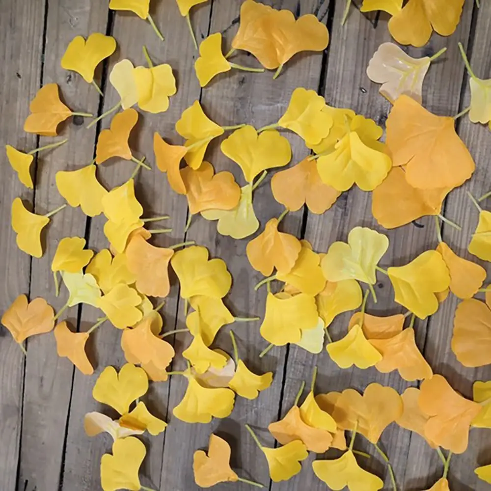 100PCS Artificail Ginkgo Leaves Faux Falling Leaf Autumn Atmosphere Home Decoration Yellow Party Supplies Photo Props Holiday