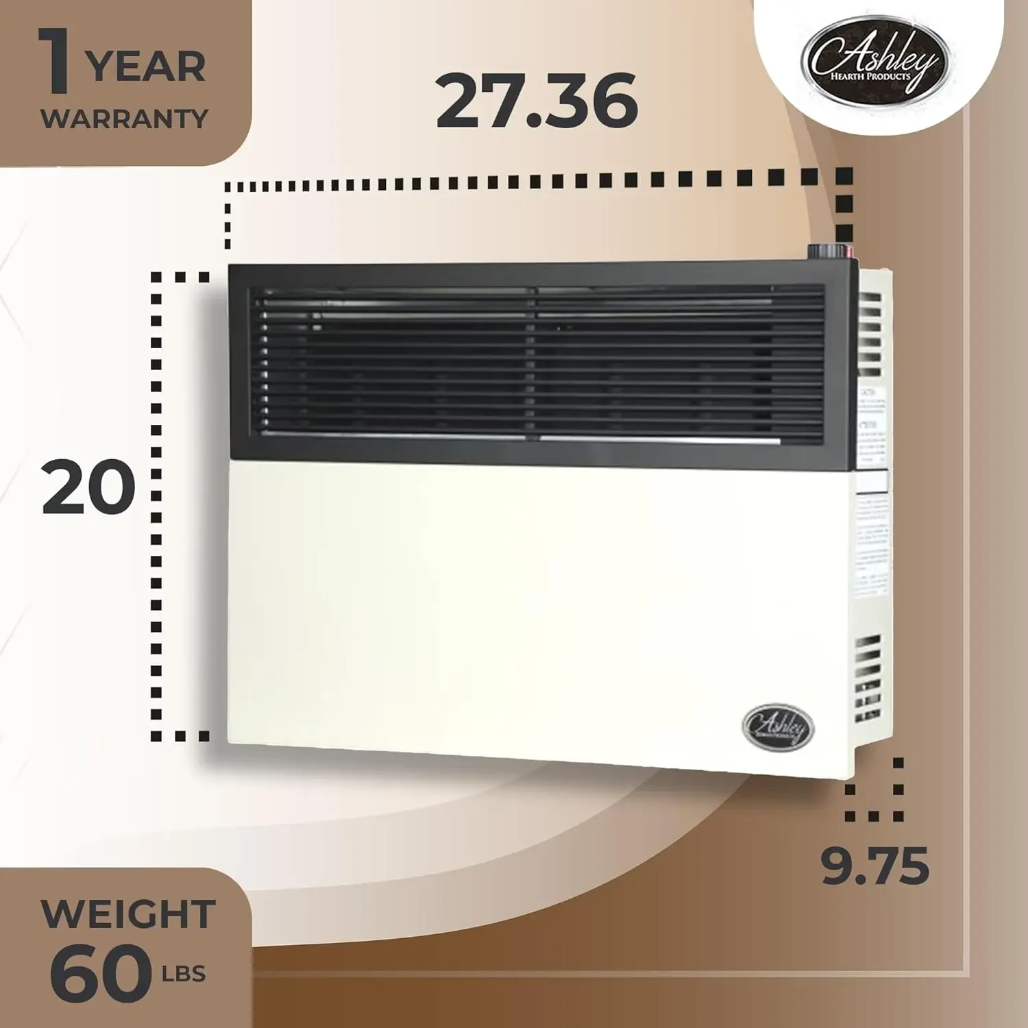 เครื่องทําความร้อนติดผนังโพรเพนเหลวระบายอากาศโดยตรงขนาด 17,000 BTU พร้อมสายฟ้า Piezo, นักบินนิรภัยและตัวควบคุมในตัว, ครีม