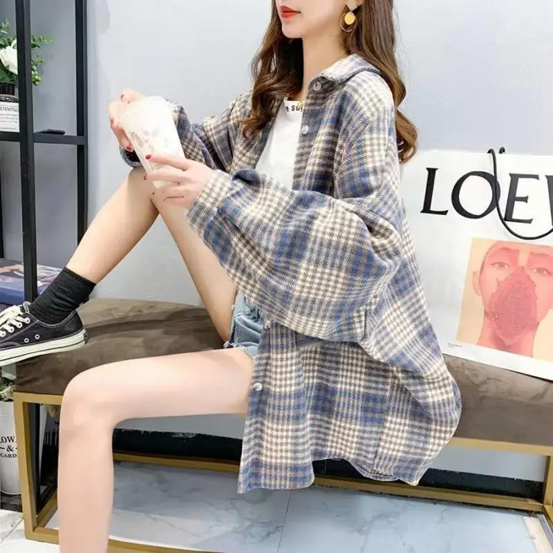 Woolen and Thickened Woolen Plaid Shirt for Women Loose Medium to Long Style New Hong Kong Style Versatile Shirt Jacket Trendy