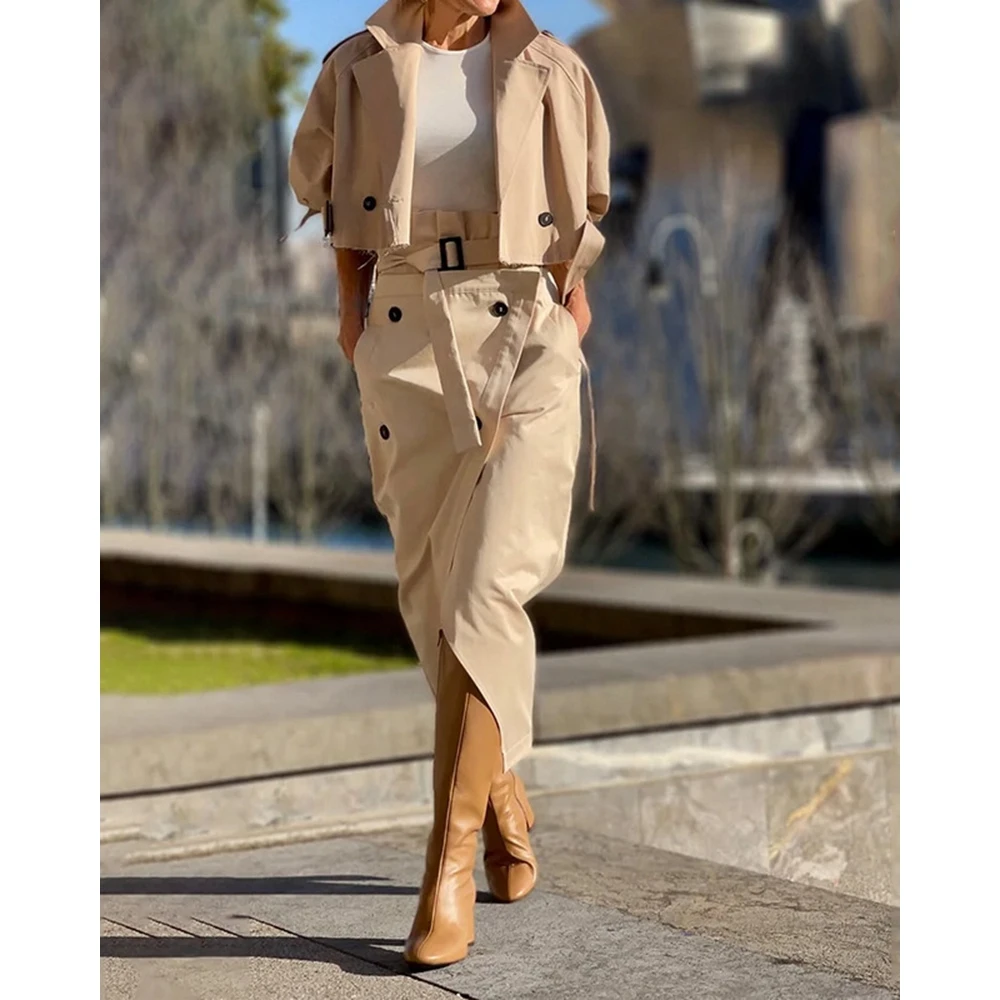 

Casual Autumn Women Long Sleeve Trench Coat & Buttoned Midi Pants Set Cargo Two Pieces Set