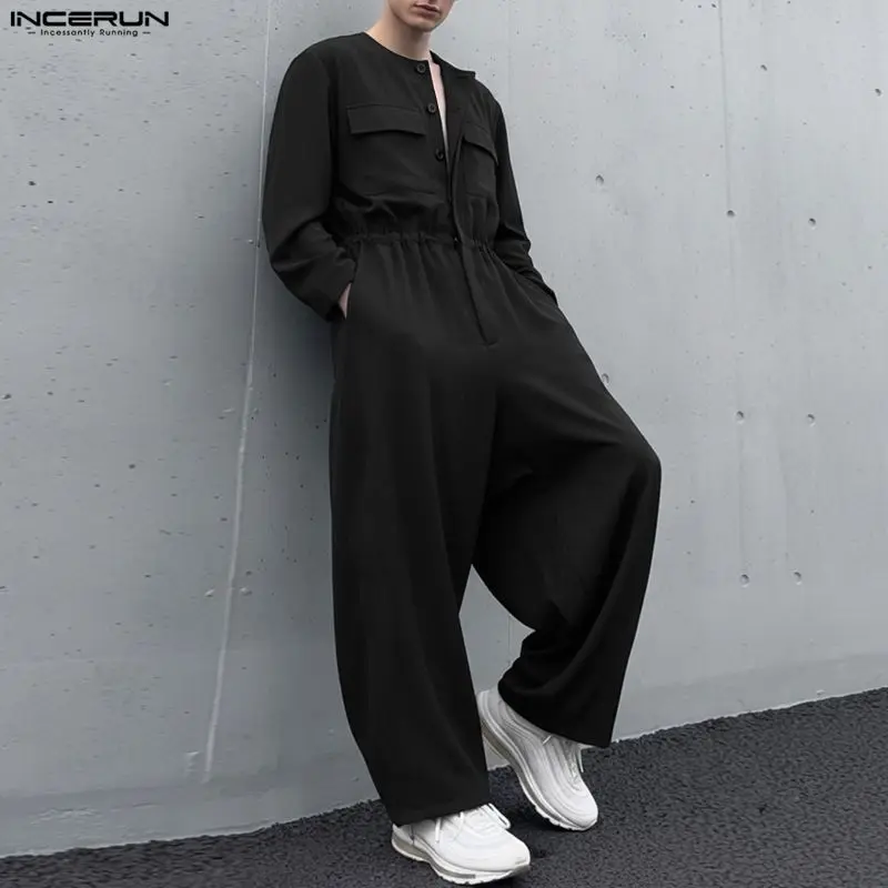 

INCERUN Men Jumpsuits Solid Color Long Sleeve Pockets Casual Male Rompers 2026 Streetwear Loose Fashion Leisure Overalls Pants