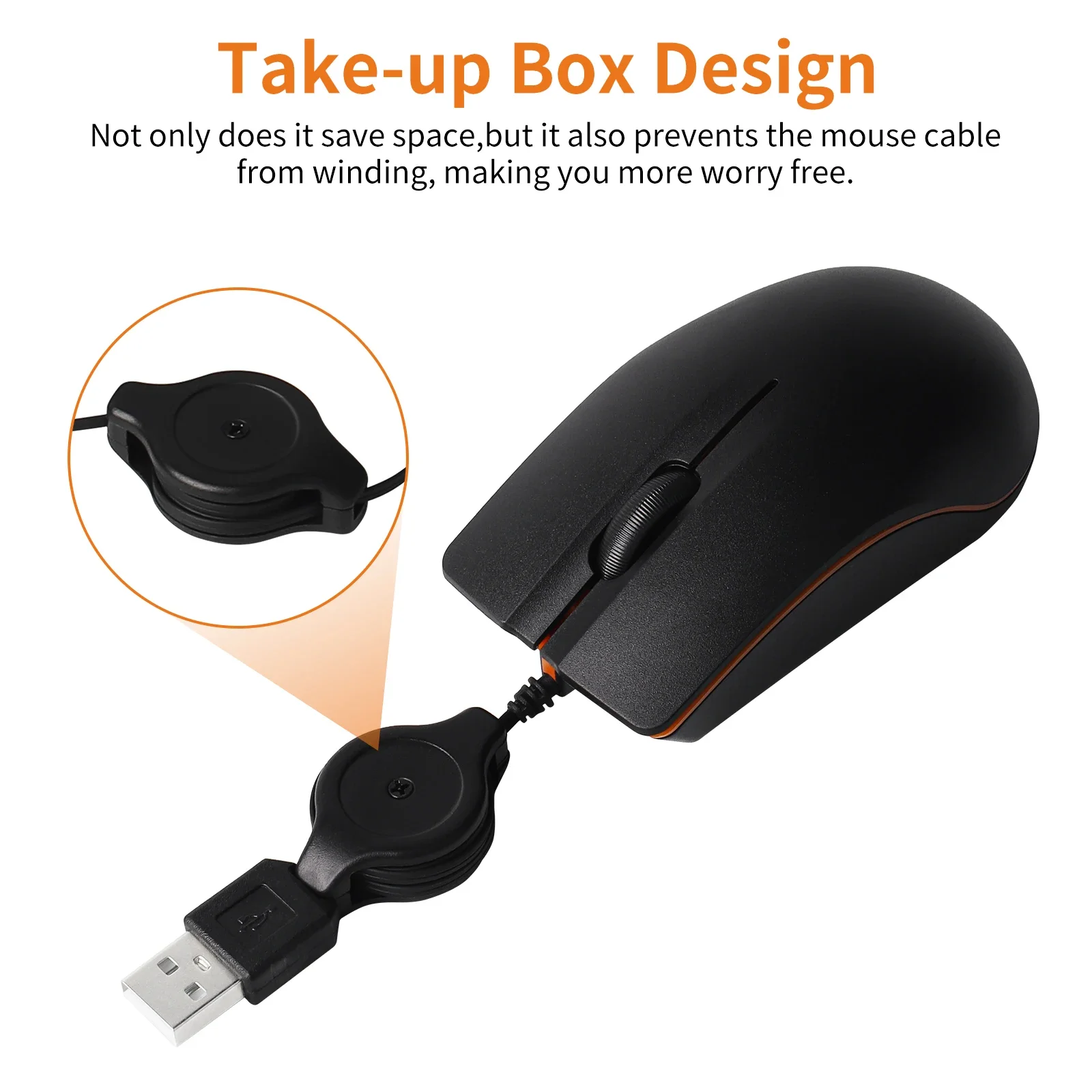 Retractable USB Wired Computer Mouse, 1600 DPI, 3-Button Portable Mouse with Auto-Roll Cable for Laptop/Desktop/PC