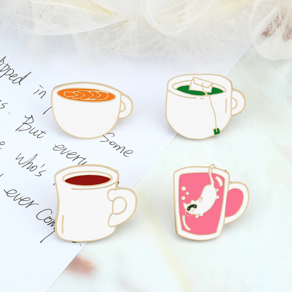 4 Style Drink Enamel Pins Creative Tea Cup Green Tea Coffee Brooch Metal Badges Jewelry Lover Lapel For Clothes Decoration Gifts