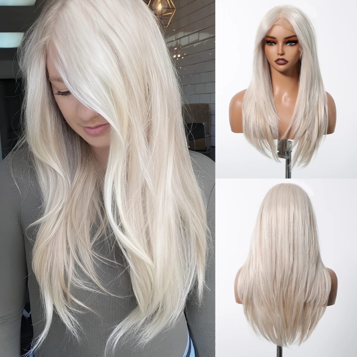 DWY Blonde Perücke Gerade 13*6 Spitze Frontal Perücke Mittellange Layered Synthetische Perücken Für Frauen Täglich Natürliche Hitzebeständige haar