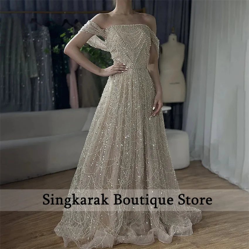 

Champagne Luxury Women Evening Dress 2025 Beading Crystals Pearls Long Prom Wedding Party Gown Vestidos Customized