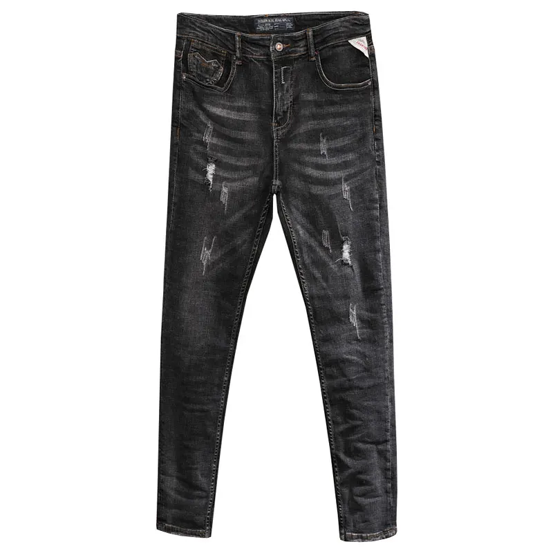 Italian Style Fashion Men Jeans High Quality Retro Black Gray Elastic Slim Fit Ripped Jeans Men Vintage Designer Denim Pants
