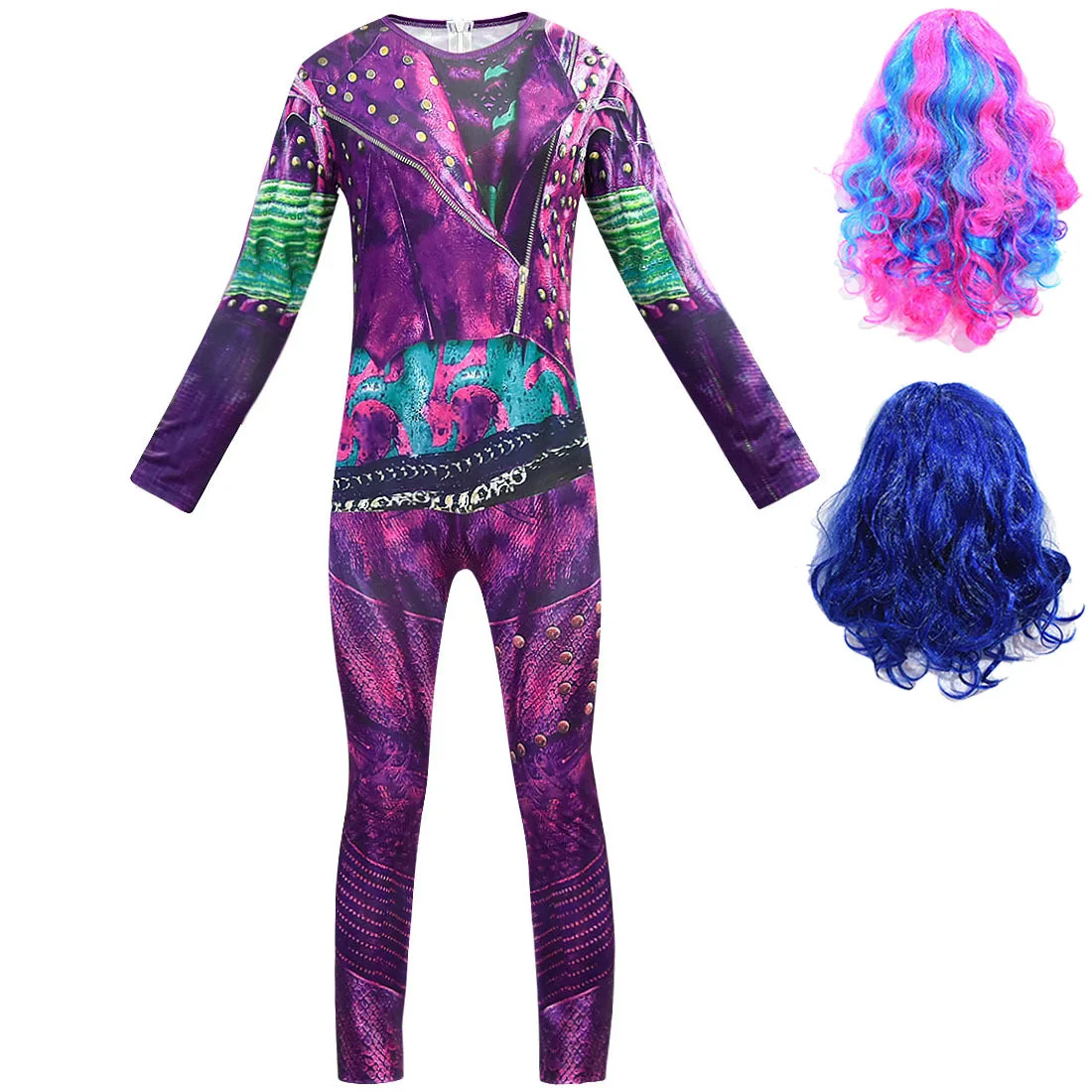 

Kids Descendants 3 Evie Mal Cosplay Costume Girls Jumpsuit Wig Children Birthdays Halloween Carnival Party Role Play Clothes Set