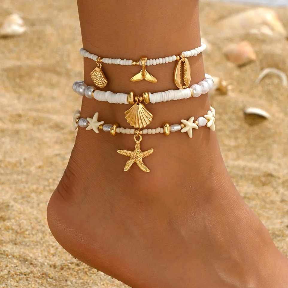Women Boho Shell Bead Ankle Bracelet Set Adjustable Waterproof Anklet, Hawaiian Beach Seashell Starfish Foot Jewelry Gifts