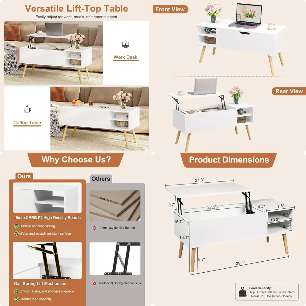 

Элегантный журнальный столик-трансформер 40 с откидной столешницей, ножками из массива дерева, скрытым хранением и открытыми полками для гостиной