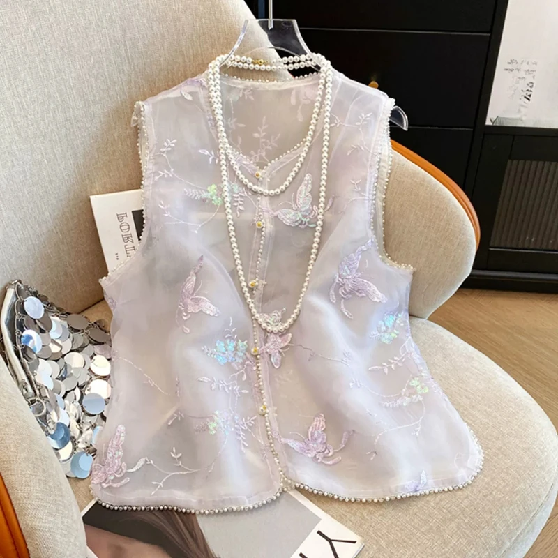 Summer Women Elegant Embroidery Butterfly Floral Pearls Beading Vest Coat , Woman Chinese Style Sleeveless Purple Vests Coats