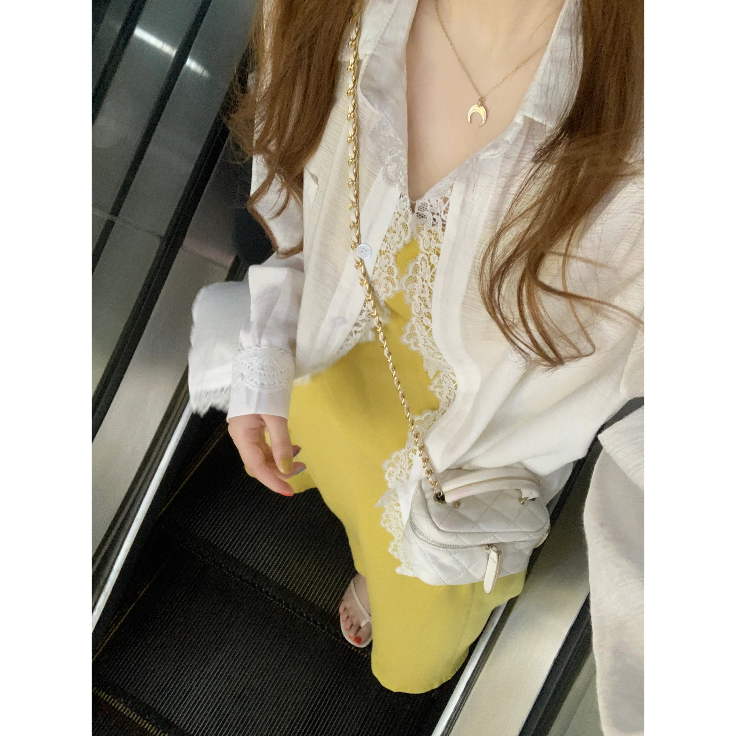 

Свободный длинный све женский солнцезащитный топ с кружевными деталями в Корейском стиле с кондиционером Relax Feel Summer White