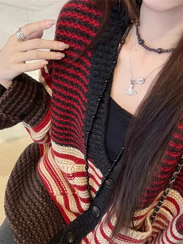 

French Sle Loose Fit Knitted Cardigan Women's Winter Sweater Striped Color Blo Slimming Unique Sweater Coat Ci Walk Inn...