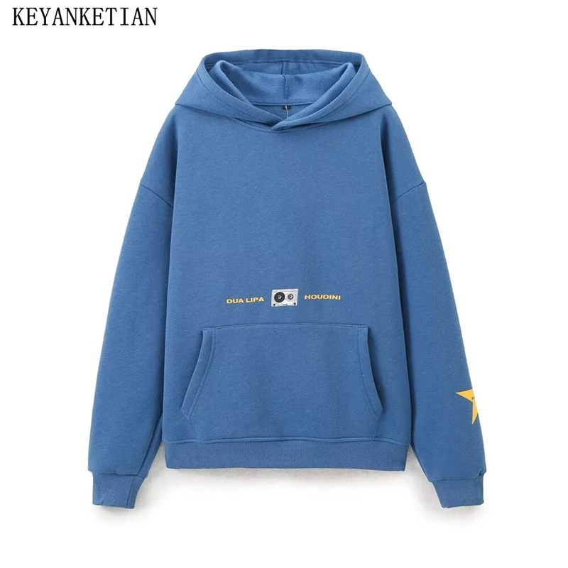 KEYANKETIAN 2024 Autumn/Winter New Women's Letter Print Fleece Hoodies Sport style Oversize Front Pocket Sweatshirts Pullover