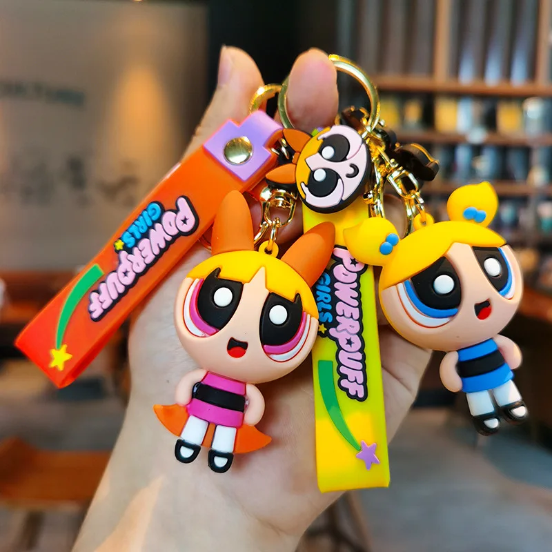 Cartoon Anime PowerPuff Girls  Series PVC Doll Cars Keychain Pendant for Men and Women's Universal Decorative Products Accessory