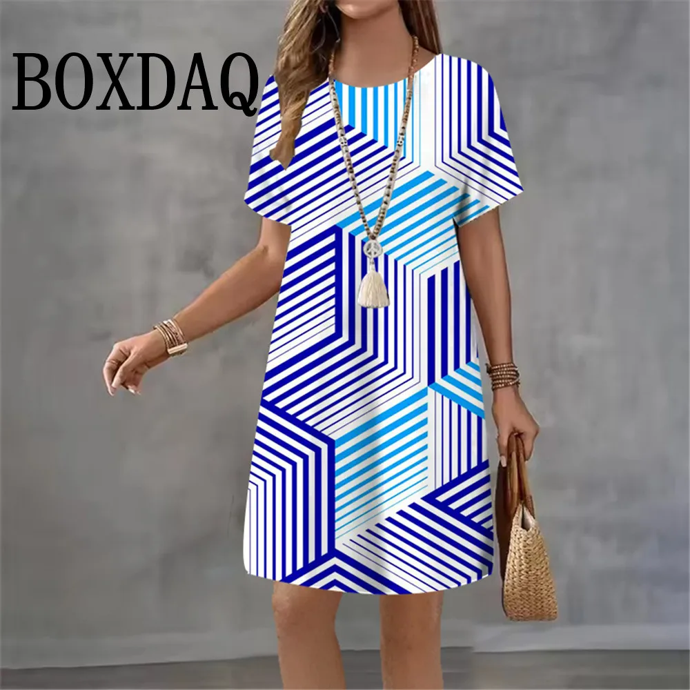 

2026, весенне-летние новые платья в стиле ретро, модные уличные платья с короткими рукавами и нерегулярным геометрическим узором, повседневные платья в стиле отпуска