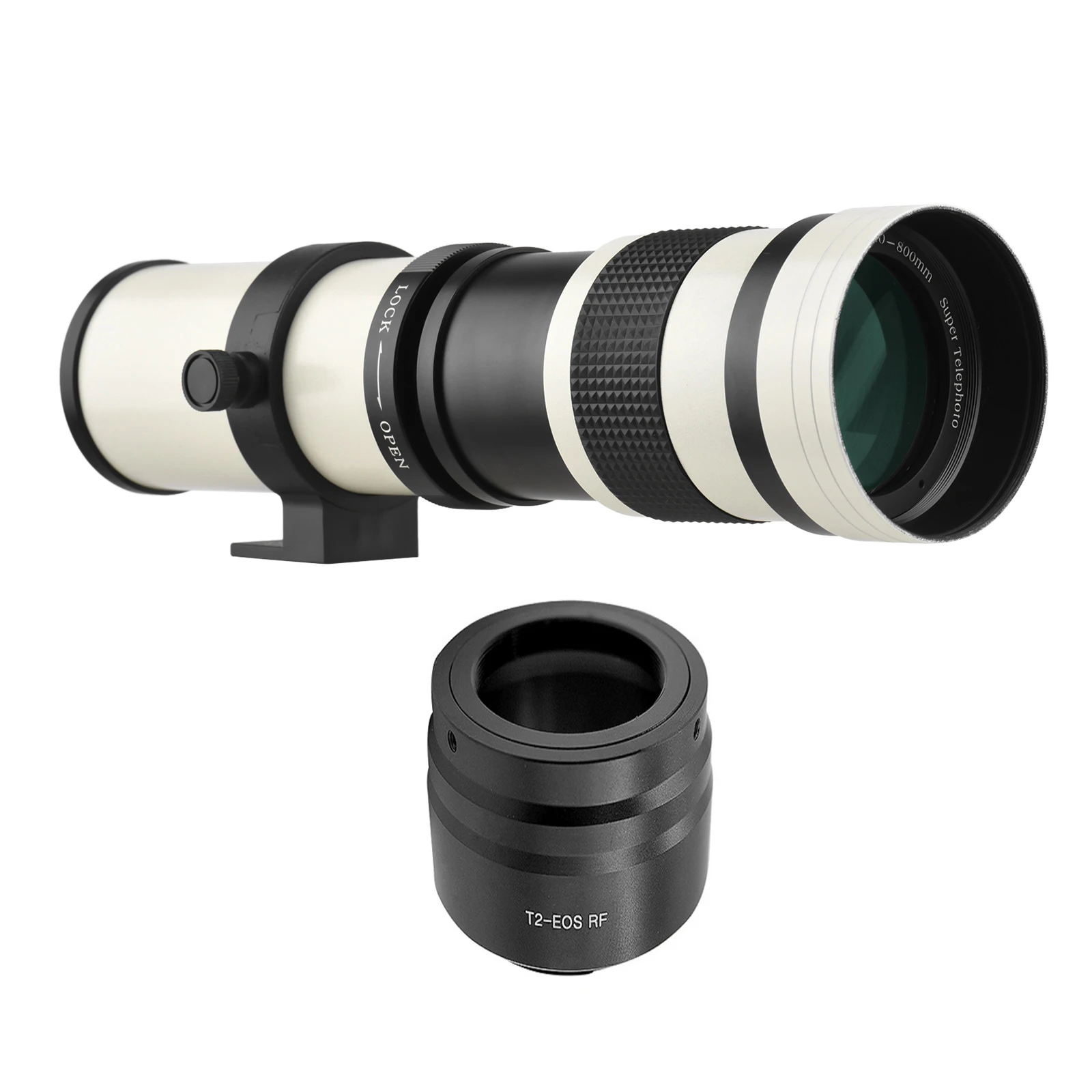 Camera MF Super Telephoto Zoom Lens F/8.3-16 420-800mm T2 Mount with RF-mount Adapter Ring 1/4 Thread Replacement