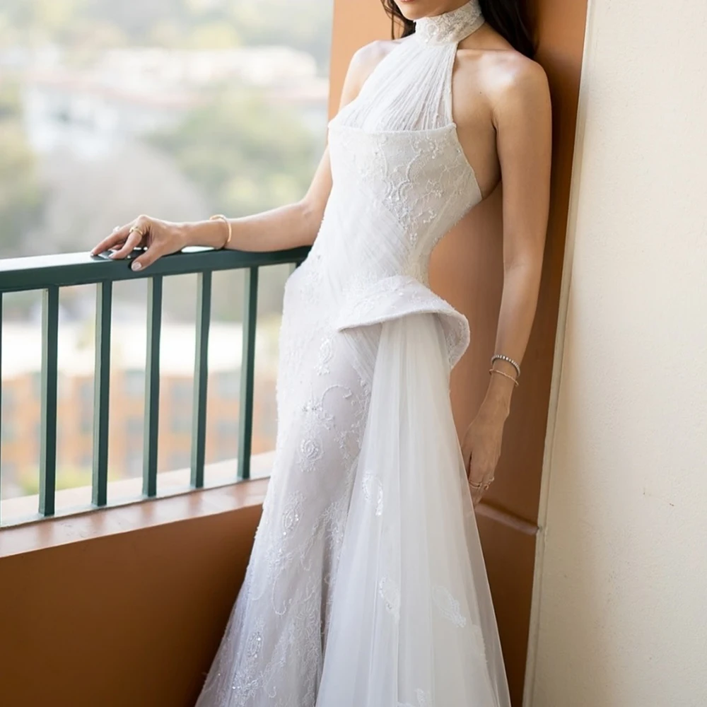 Robe de soirée de forme sirène, personnalisée, longueur au sol, col haut, sans manches, mode, paillettes, dentelle, Simple, drapée, robe de soirée