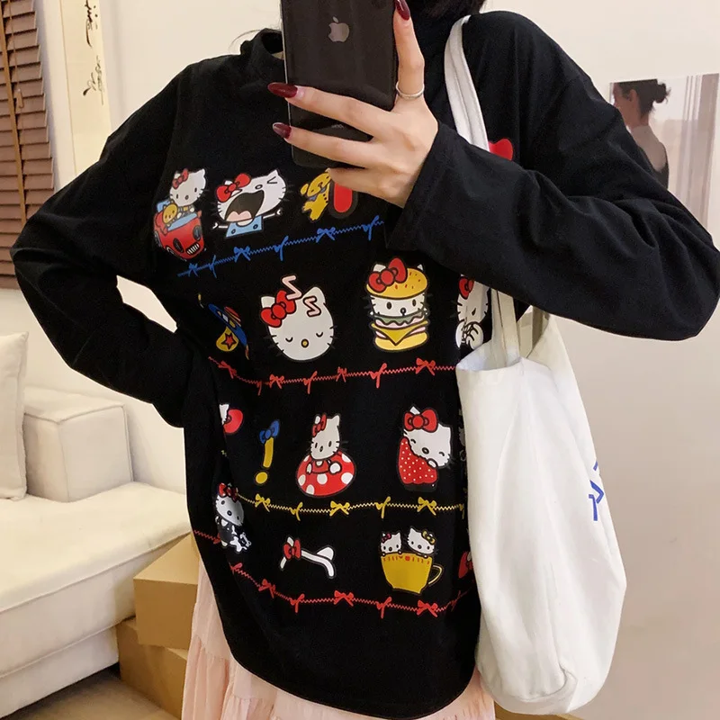 Streetwear Loose Cute Hello Kitty Graphic T Shirts Woman Clothes Long Sleeve Korean Fashion 2000s Clothes Y2k Tees Female Chic