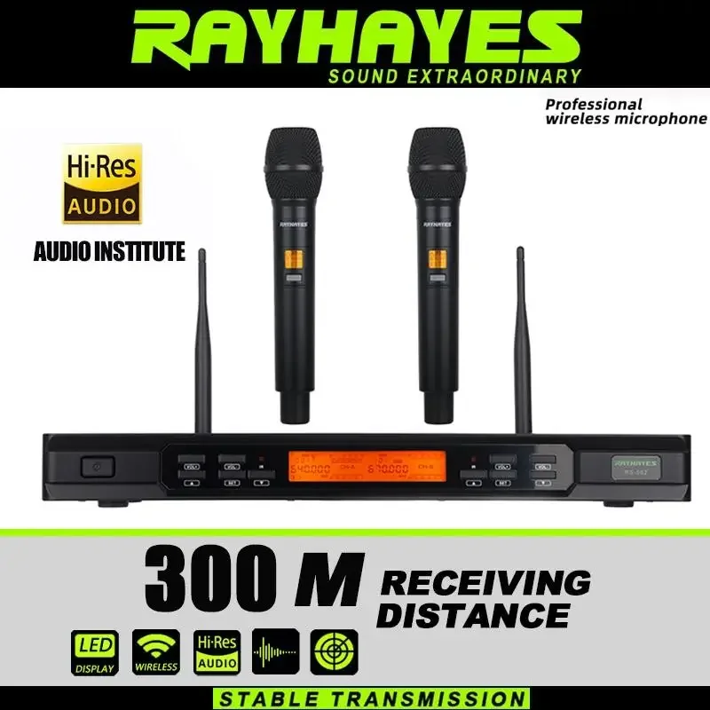 

RAYHAYES RS-802 UHF 200 Channels Wireless Microphone System LED 300M Super Receiving Distance 2 Channels Mic for Party Karaoke