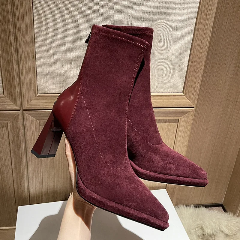 

Beautiful Legs Wine Burgundy Red Skinny Boots Women Maillard Pointed Toe Thick Heel Stretch Velvet Short Boots Zipper High Heels