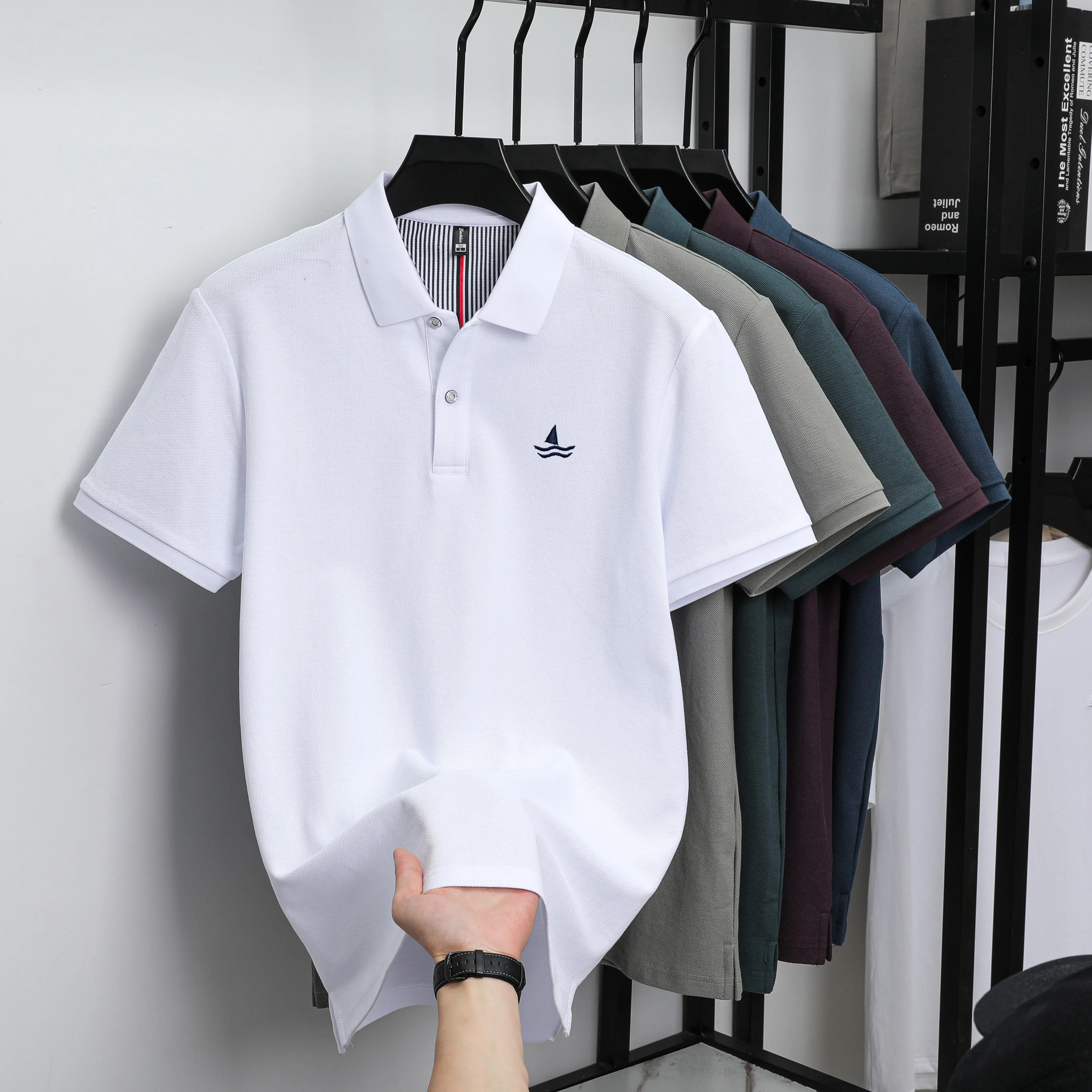 100% cotton men's summer exquisite sailboat embroidery polo shirt business casual comfort breath breath short sleeve Tshirt top