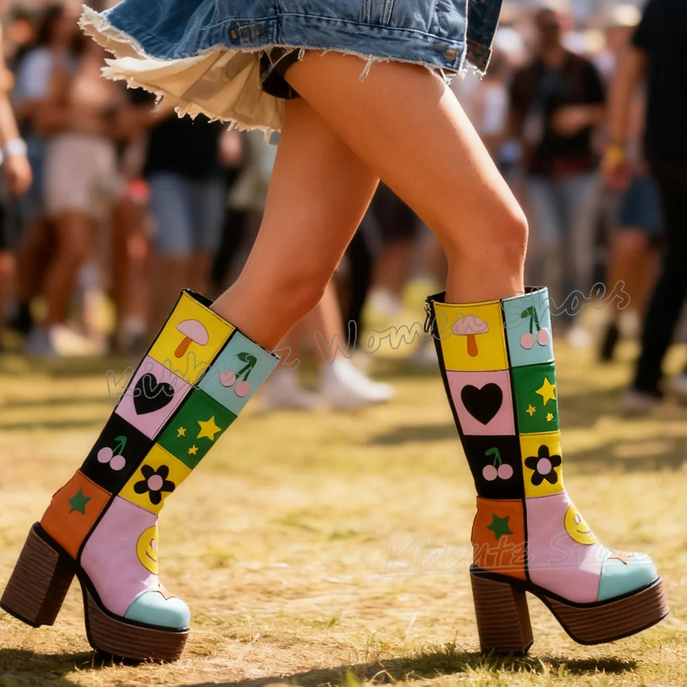 Flower Platform Knee High Boot Patchwork Mixed Color Round Toe Chunky Heel Zipper Leather Fashion Novelty Sexy Elegant Shoes New - view 3
