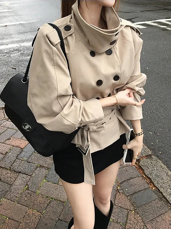 Retro Korean Style Women's Jacket Double Row Buttons Tie Design Stand Collar Elegant Top for Autumn And Winter New Arrival