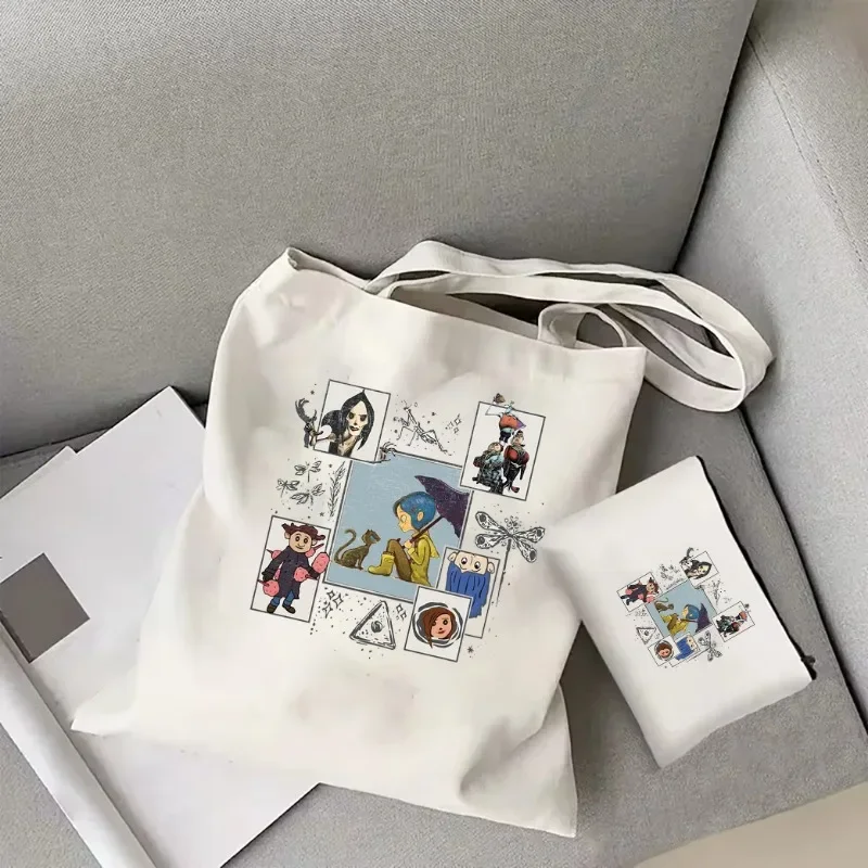 

Coraline Movie Tote Bag Halloween Canvas Bag Horror Movie Fantasy Shoulder Bag Film Tote Bag Coraline Cartoon Character Tote Bag