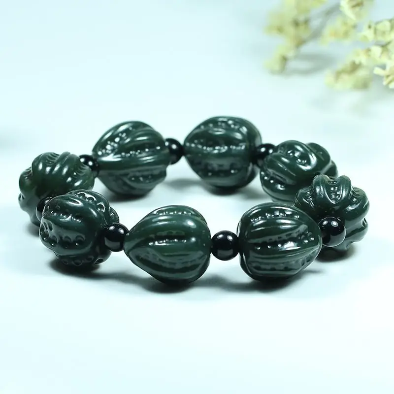 Natural Green Jade Bracelet Men Women Fine Jewelry Genuine Chinese Nephrite Hetian Jade Walnut Bracelets Big Beaded Bangles