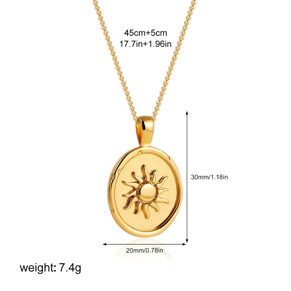 Retro Waterproof Stainless Steel Sun Moon Oval Pendant Necklace for Women Trendy 18K Gold Plated Striped Necklaces Charm Jewelry