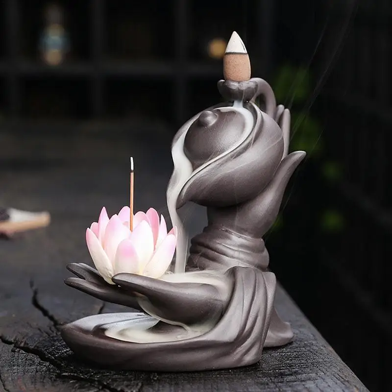 Buddha Incense Burner Waterfall Buddha Lotus Hand Backflow Incense Burner Lotus Hand Metal Vintage Lucky Church Holder Charcoal