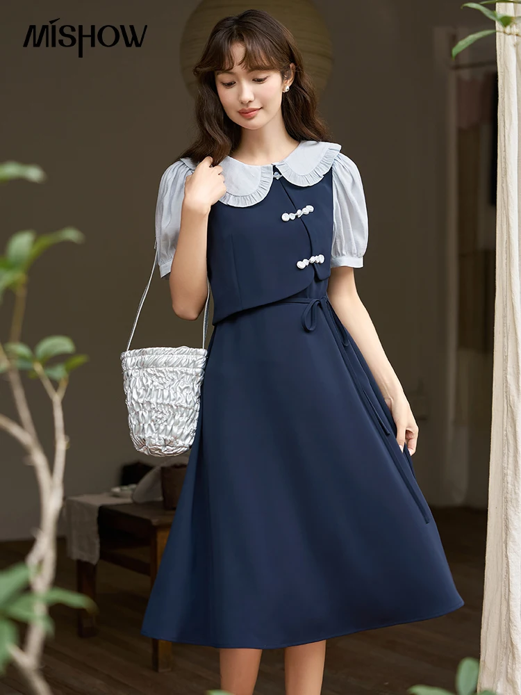 

MISHOW Women's Fake Two Dress 2023 Summer Chinese A-LINE Peter Pan Collar Contrast Shirt Sleeve Waist Strap Dresses MXC35L1328