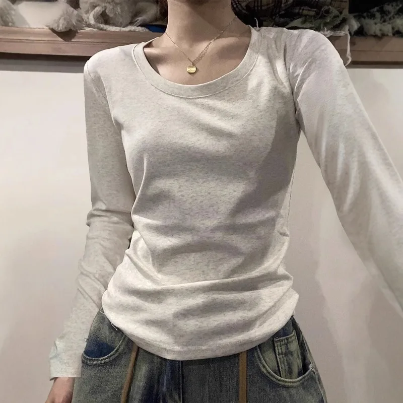 Women Clothes Autumn Outfit Crew Neck Base Shirt Long Sleeve Solid Color T-Shirt Girl Student Design Sense lady Slim Fit Top