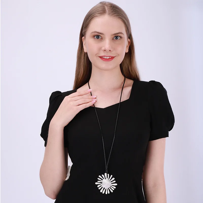 Big Hollow Silver Color Love Flower Hoop Pendant Necklaces for Women Fashion Boho Black Long Leather Necklace