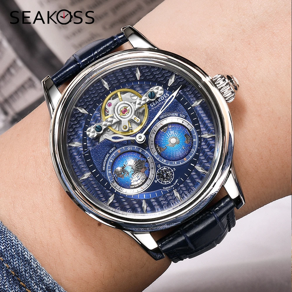 SEAKOSS Luxury Double Earth Rotating Men\'s Mechanical Watch Automatic Movement Waterproof Clock Pilots Men 1963 Flywheel Watches