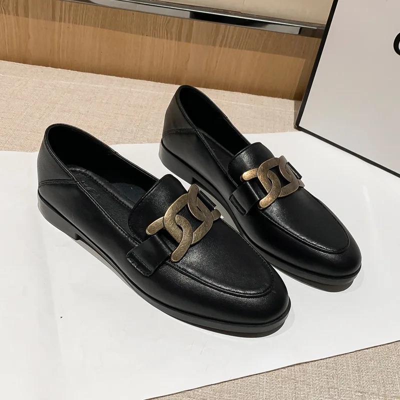 Zapatos de cuero genuino para mujer, calzado pequeño de estilo británico, suela plana, versátil, a la moda