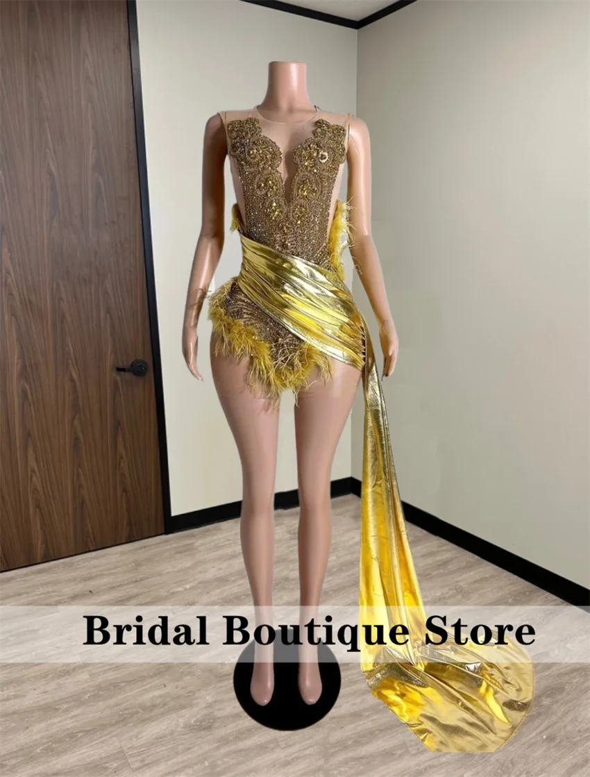 Glitter Gold Diamond Prom Dress For Black Girls Beads Crystal Feather Birthday Party Cocktail Senior Homecoming Customized