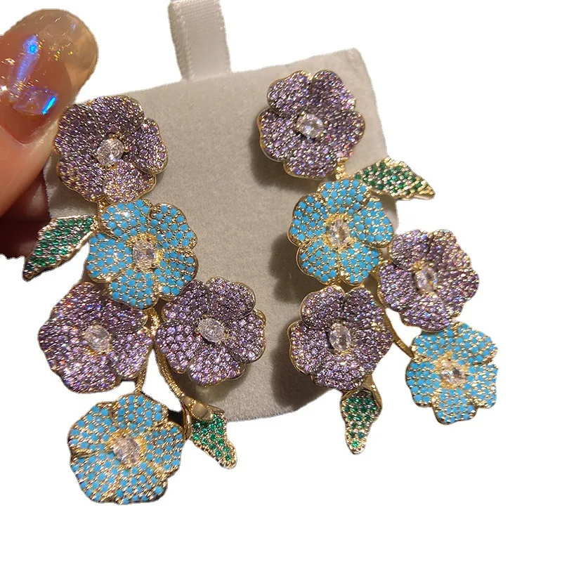S925 Silver Needle French Elegant Colorful Zircon Flower Earring Exaggerated High-quality Drop Earrings for Women Party