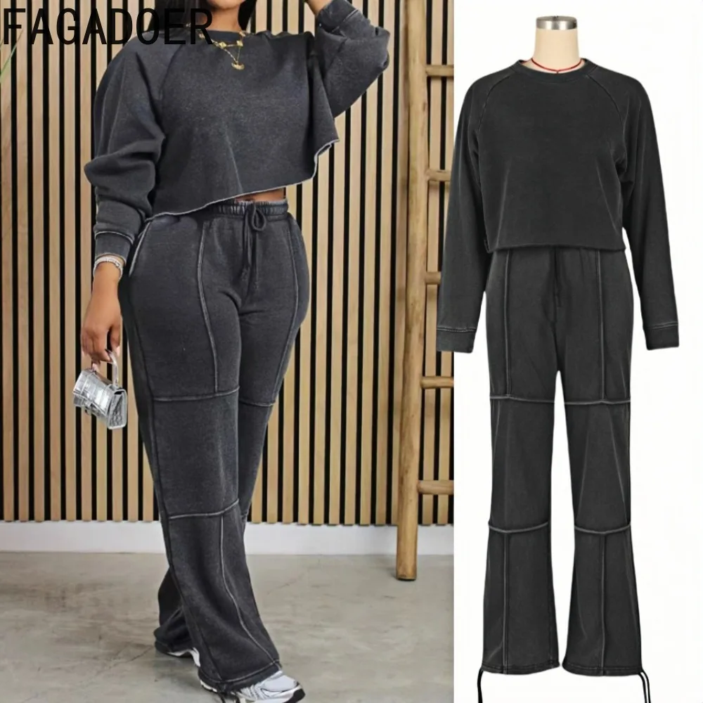 FAGADOER High Quality Water Washing Womens 2 Piece Outfit Set Casual Long Sleeves Crop Top + Drawstring Patchwork Pants Suit New