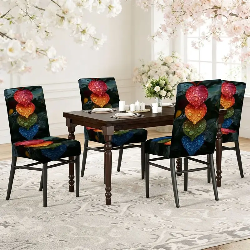 

Чехол для обеденного стула с плоской печатью, эластичный, с узором в виде сердечек и листьев, трехцветный, с градиентным переходом цветов, с узором в виде штабелируемых элементов, съемный.