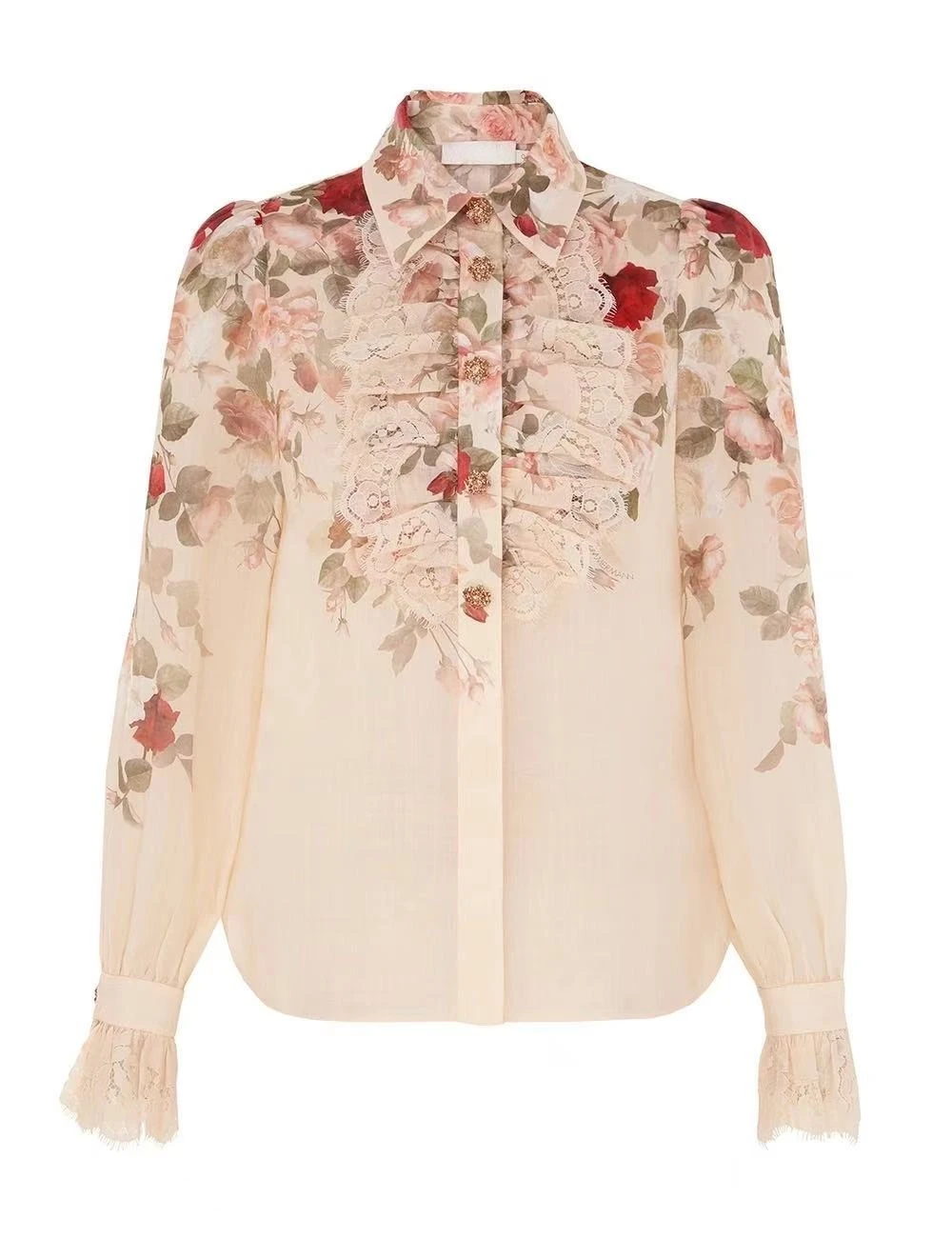 

Floral Print Lace Patchwork Vintage Full Sleeve Blouse and Ramie Midi Skirt Women set
