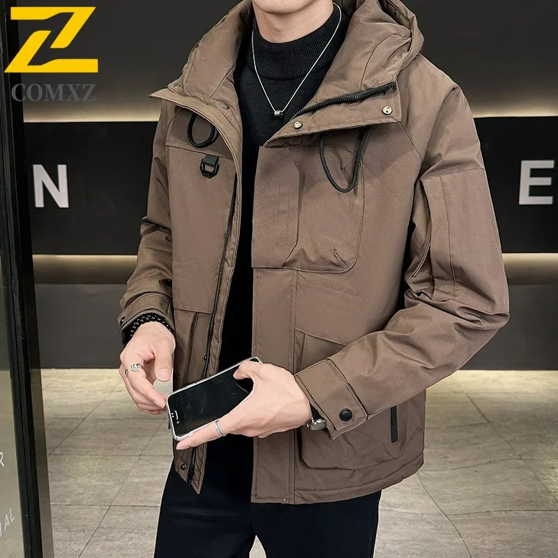 

Winter Mens White Duck Down Jacket Fashion Luxury Korean Style Thick Warm Down Coat Windproof Collar Hood Design Business Parkas