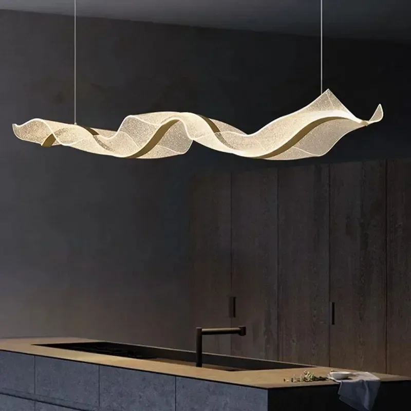 Modern Minimal LED Chandelier for Dining Room Kitchen Bedroom Lamp Gold Decoration Art Creative Ribbon Design Wave Pendant Light