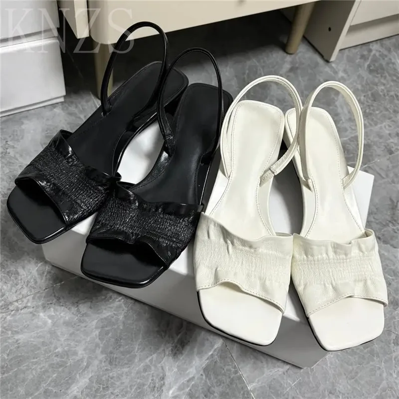 Summer New Square Toe Open Toe Genuine Leather Sandals Women Fashion Concise Sexy High Heels Slip On One Line Strap Sandals 2024