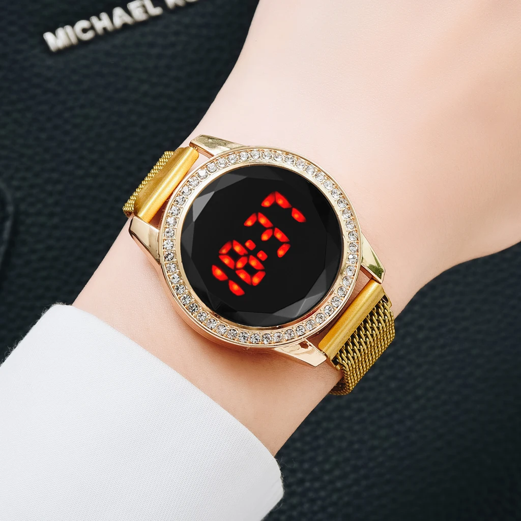 Luxury Digital Red LED Watches For Women Magnetic Stainless Steel Belt Quartz Clock Ladies Wrist Watch Fashion Business Watch