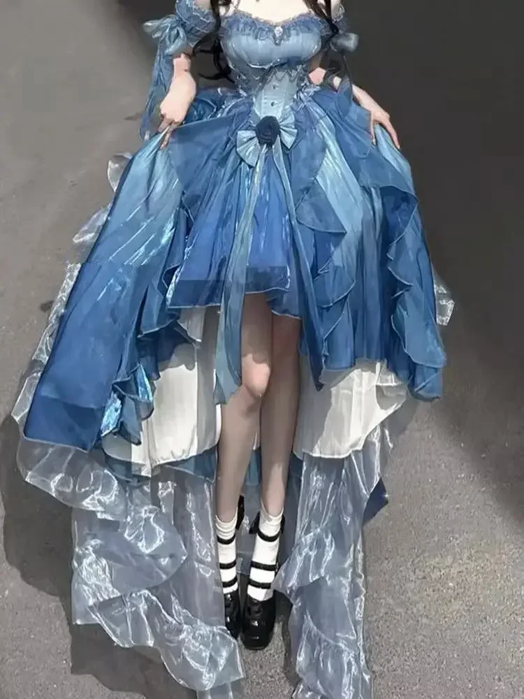 

2025new Elegant Off Shoulder Original Lolita Trailing Puffy Dress Women Short Front Long Back Princess Blue Flower Wedding Dress