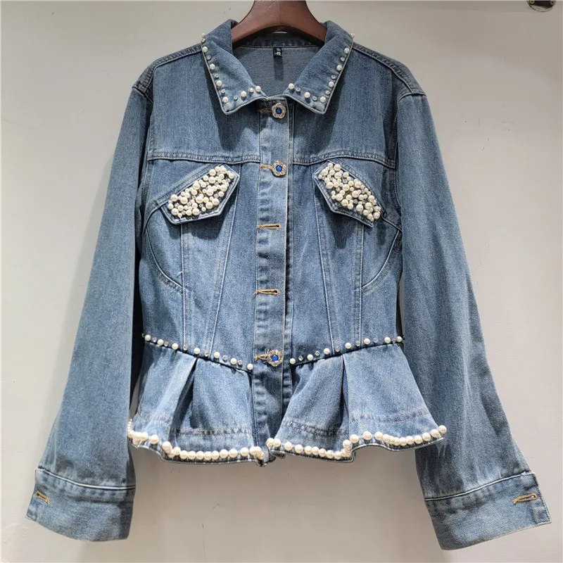 

Женская винтажная джинсовая куртка Clothland с бисером и рюшами, с длинными рукавами, украшенная жемчугом, модная, милая, стильная, CB338