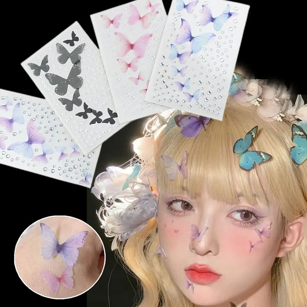 5D Tulle Butterfly Tattoo Foldable Temporary Tattoos With Face Jewels Pearl Diamond Fairy Self Adhesive Tattoo Sticker Festival