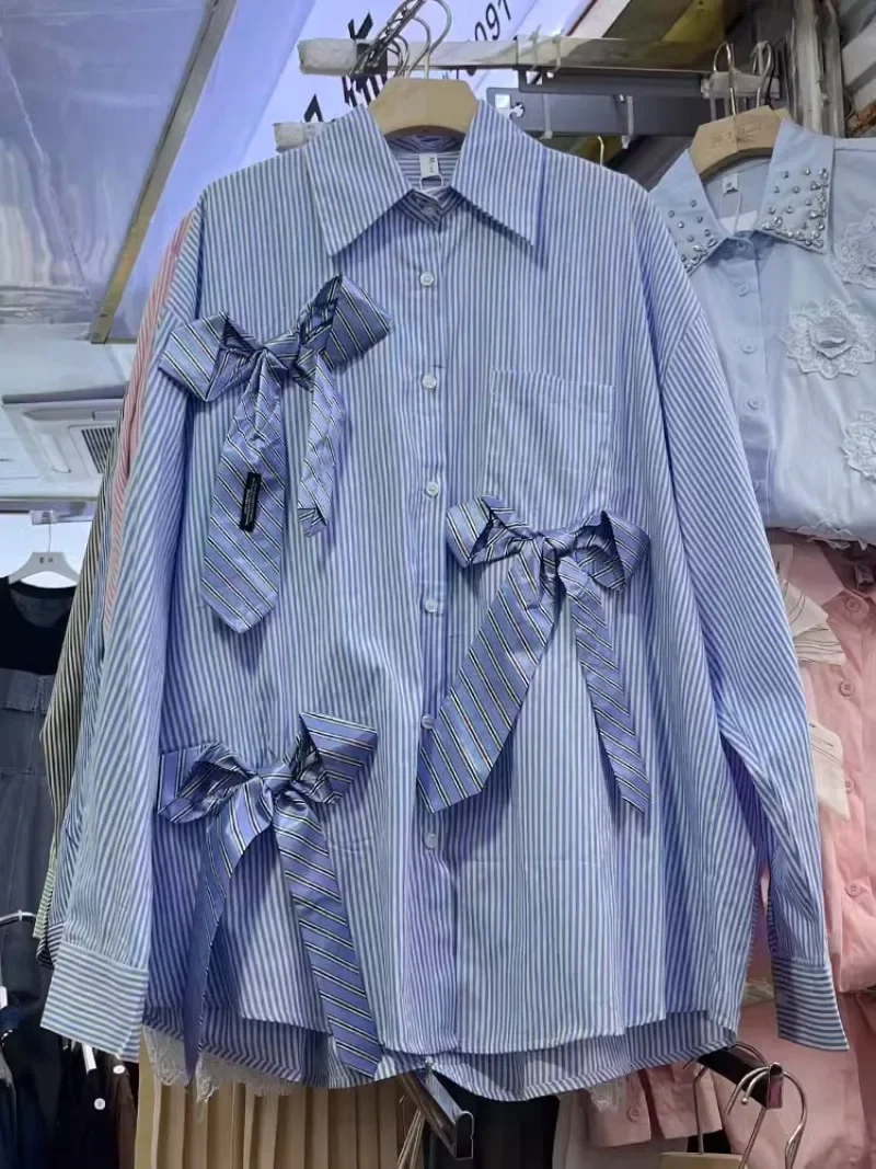 

Vintage French Women Clothing Shirts Turn Down Collar Single-breasted Shirts Bowknot Design Sense Chic High Grade Blusas Mujer